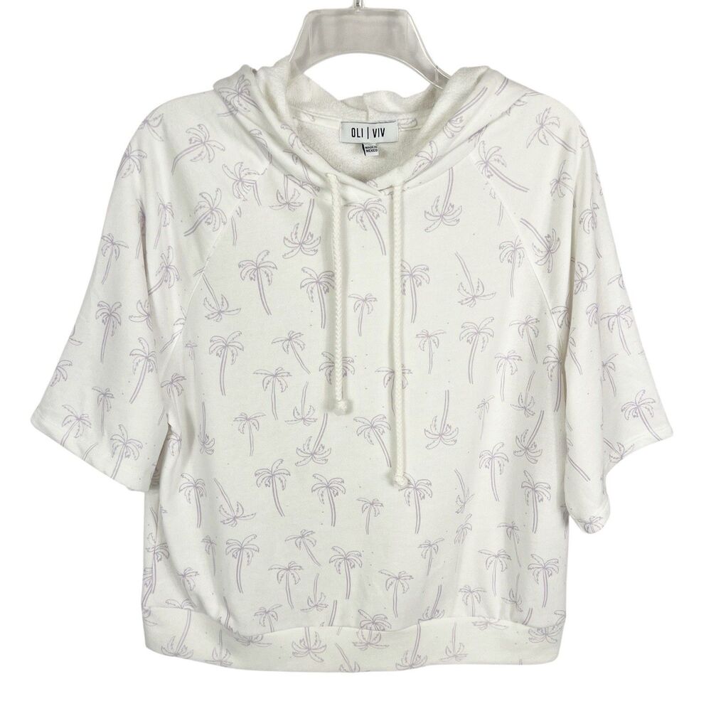 OLI Viv White Purple Palm Tree Short Sleeve French Terry Hoodie Medium Beach